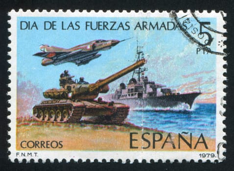 SPAIN - CIRCA 1979: stamp printed by Spain, shows Tank, Jet and Destroyer, circa 1979