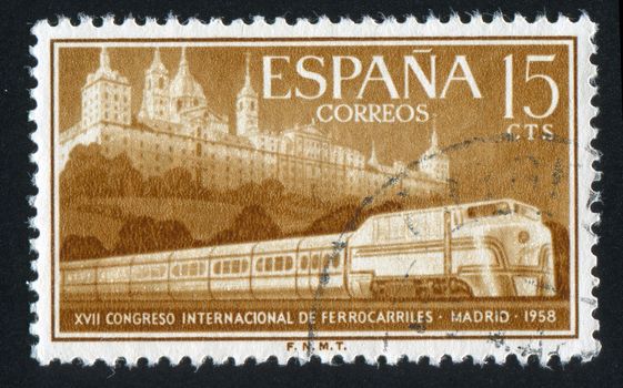 SPAIN - CIRCA 1958: stamp printed by Spain, shows Escorial and Streamlined Train, circa 1958