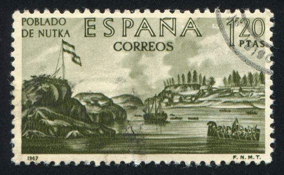 SPAIN - CIRCA 1967: stamp printed by Spain, shows Nootka coast and settlement, circa 1967