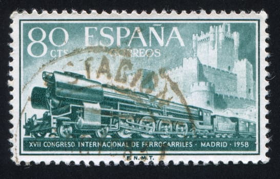 SPAIN - CIRCA 1958: stamp printed by Spain, shows Train and Castle, circa 1958