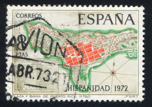 SPAIN - CIRCA 1972: stamp printed by Spain, shows Map of Puerto Rico, circa 1972