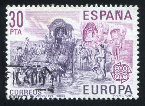 SPAIN - CIRCA 1981: stamp printed by Spain, shows Pilgrims carried the statue of Mother and Child, circa 1981