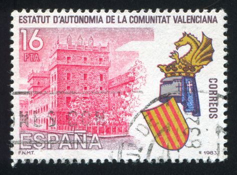 SPAIN - CIRCA 1983: stamp printed by Spain, shows Valencia Autonomy Statue and Arms, circa 1983