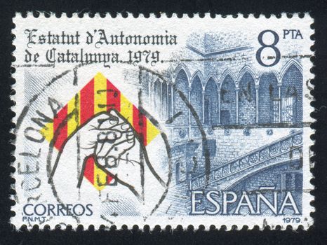 SPAIN - CIRCA 1979: stamp printed by Spain, shows Clasped Hands, Badge, Governor`s Palace, circa 1979
