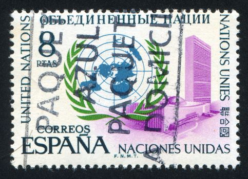 SPAIN - CIRCA 1970: stamp printed by Spain, shows UN Emblem and Headquarters, circa 1970