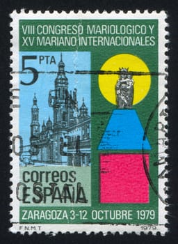 SPAIN - CIRCA 1979: stamp printed by Spain, shows Zaragoza Cathedral, Mother and Child statue, circa 1979