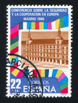 SPAIN - CIRCA 1980: stamp printed by Spain, shows Conference Building, Flags of Participants, circa 1980
