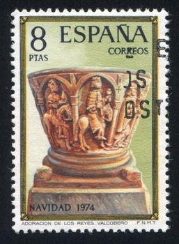 SPAIN - CIRCA 1974: stamp printed by Spain, shows Adoration of Kings, Valcobero Church, circa 1974