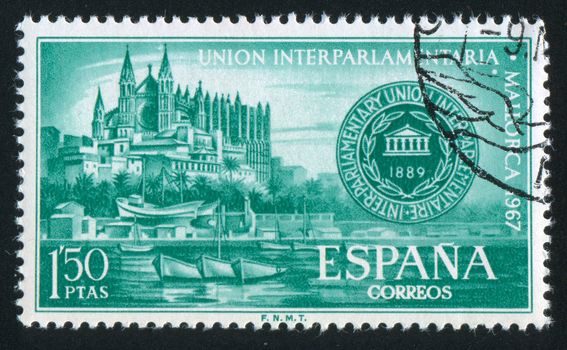 SPAIN - CIRCA 1967: stamp printed by Spain, shows Palma Cathedral and Conference Emblem, circa 1967