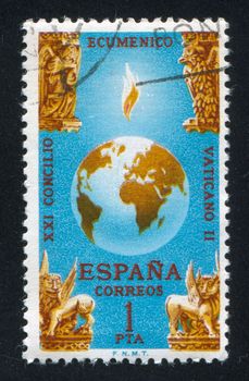 SPAIN - CIRCA 1965: stamp printed by Spain, shows Globe and Four Beasts of Apocalypse, circa 1965