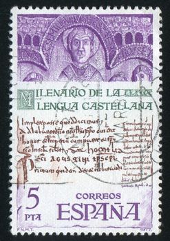 SPAIN - CIRCA 1977: stamp printed by Spain, shows St. Emilian Cuculatus and Earliest Known Catalan Manuscript, circa 1977