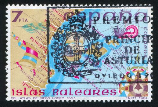 SPAIN - CIRCA 1981: stamp printed by Spain, shows Map of Balearic Islands, Diego Homem`s Atlas, circa 1981