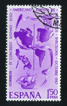 SPAIN - CIRCA 1967: stamp printed by Spain, shows galleon, Map of Americas, Spain and Philippines, circa 1967