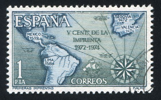 SPAIN - CIRCA 1974: stamp printed by Spain, shows Map of Spain and Americas with Dates of First Printings, circa 1974