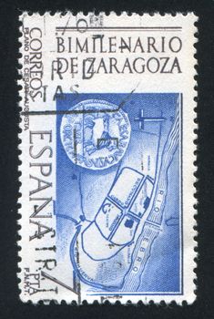 SPAIN - CIRCA 1976: stamp printed by Spain, shows Map of Roman camp on banks of Ebro and Coin, circa 1976