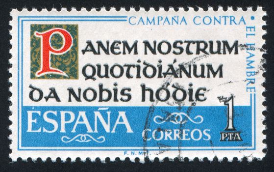 SPAIN - CIRCA 1963: stamp printed by Spain, shows Inscription "Give us this Day our Daily Bread", circa 1963