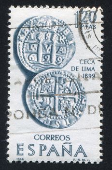 SPAIN - CIRCA 1966: stamp printed by Spain, shows Coins of Lima, circa 1966