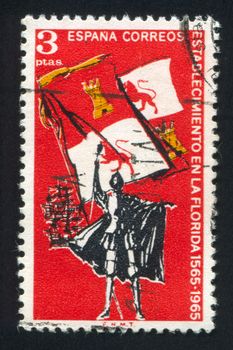 SPAIN - CIRCA 1965: stamp printed by Spain, shows Explorer, Royal Flag of Spain and Ships, circa 1965
