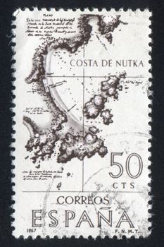 SPAIN - CIRCA 1967: stamp printed by Spain, shows Old map of Nootka coast, circa 1967