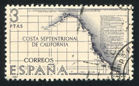 SPAIN - CIRCA 1967: stamp printed by Spain, shows Old maps of coast of Northern California, circa 1967