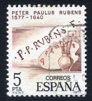 SPAIN - CIRCA 1977: stamp printed by Spain, shows Rubens signature and palette, circa 1977