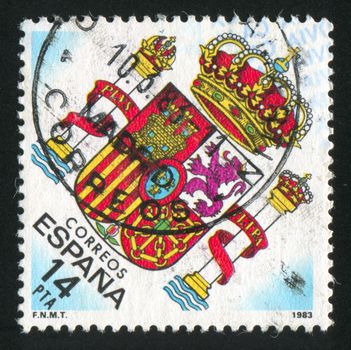 SPAIN - CIRCA 1983: stamp printed by Spain, shows arms of King Juan Carlos I, circa 1983
