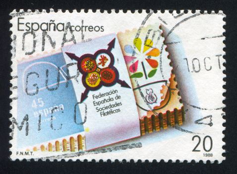 SPAIN - CIRCA 1968: stamp printed by Spain, shows Batch of Stamps with the Emblem of Federation of Spanish Philatelic Societies, circa 1968