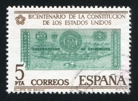 SPAIN - CIRCA 1976: stamp printed by Spain, shows Dollar banknote, Richmond, 1861, circa 1976