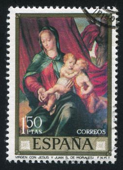 SPAIN - CIRCA 1970: stamp printed by Spain, shows Madonna and Child with St. John by Morales, circa 1970
