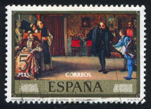 SPAIN - CIRCA 1974: stamp printed by Spain, shows Presentation of Don Juan de Austria (Eduardo Rosales), circa 1974