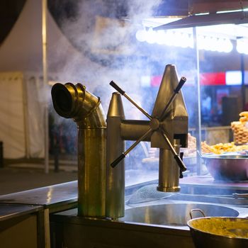 Churros and chocolate fritter typical food in Valencia Fallas fest at spain