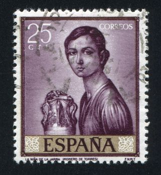 SPAIN - CIRCA 1965: stamp printed by Spain, shows Girl of the pitcher  by Romero de Torres, circa 1965