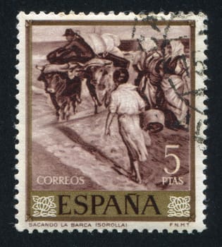 SPAIN - CIRCA 1964: stamp printed by Spain, shows Extracting the boat by Joaquin Sorolla, circa 1964