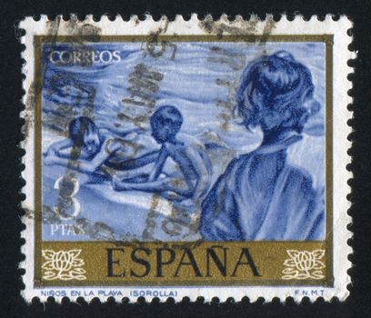 SPAIN - CIRCA 1964: stamp printed by Spain, shows Children on the beach by Joaquin Sorolla, circa 1964