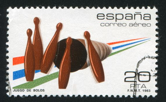 SPAIN - CIRCA 1983: stamp printed by Spain, shows Playing in Skittles, circa 1983