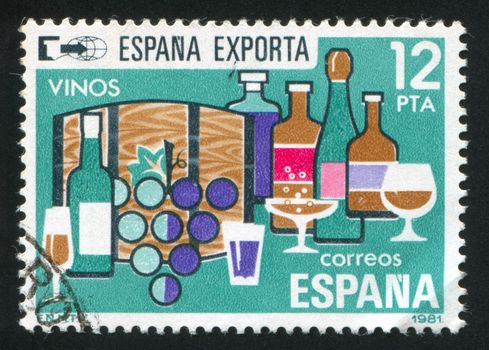 SPAIN- CIRCA 1981: stamp printed by Spain, shows Bottle of wine, circa 1981