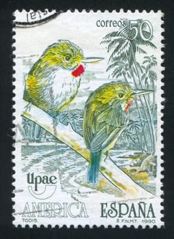 SPAIN - CIRCA 1990: stamp printed by Spain, shows UPaE Emblem and Carribien Fauna, circa 1990