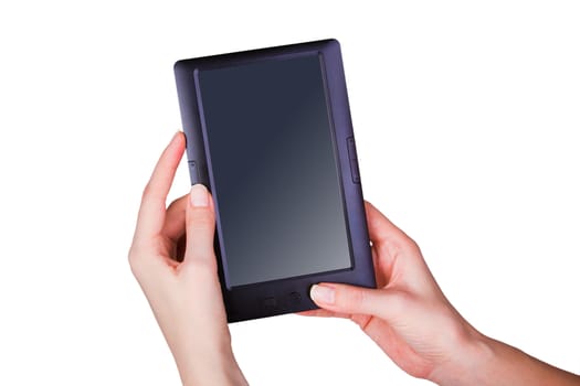 Female hands holding a tablet touch computer gadget