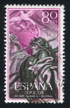 SPAIN - CIRCA 1956: stamp printed by Spain, shows Marching Soldiers, Dove, circa 1956