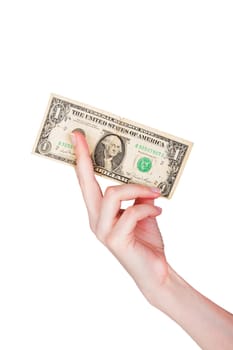 Hand holding one dollar, isolated on white background