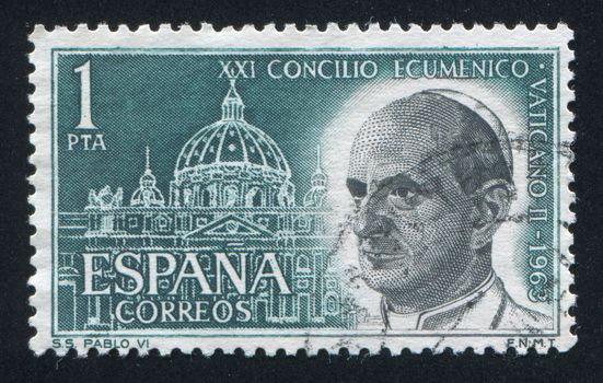 SPAIN - CIRCA 1963: stamp printed by Spain, shows Pope Paul VI and St. Peter���s, Rome, circa 1963
