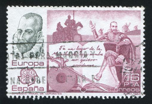 SPAIN - CIRCA 1983: stamp printed by Spain, shows Scene from Don Quixote by Miguel Servantes, circa 1983