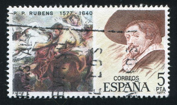 SPAIN - CIRCA 1977: stamp printed by Spain, shows Painting of Rape of Sabine Women and Rubens portrait, circa 1977