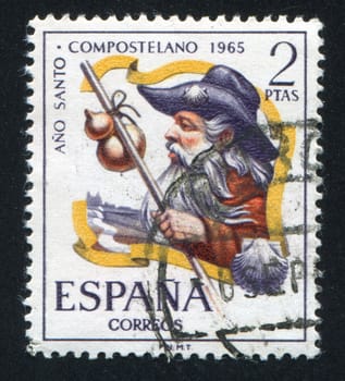 SPAIN - CIRCA 1965: stamp printed by Spain, shows Pilgrim, Ano Santo Compostela, circa 1965