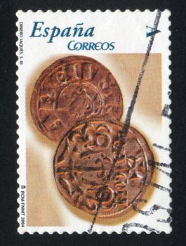 SPAIN - CIRCA 2004: stamp printed by Spain, shows Coins, Jaques S. XI, circa 2004