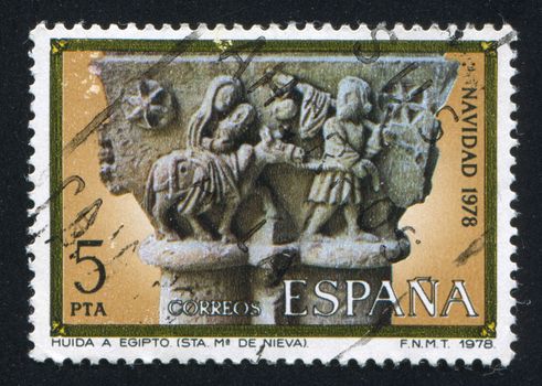 SPAIN - CIRCA 1978: stamp printed by Spain, shows Flight into Egypt, Capital from St. Mary de Nieva, circa 1978