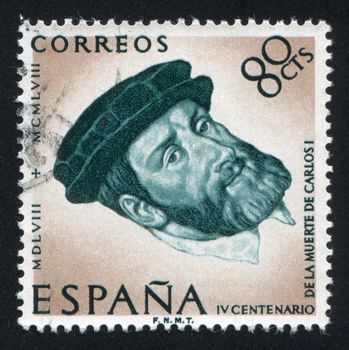 SPAIN - CIRCA 1958: stamp printed by Spain, shows Portrait of Charles V with beret, circa 1958