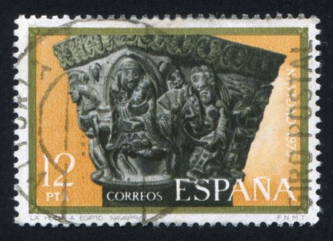 SPAIN - CIRCA 1975: stamp printed by Spain, shows Flight into Egypt, Carved Capital, Navarra, Cathedral, circa 1975