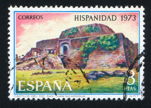 SPAIN - CIRCA 1973: stamp printed by Spain, shows Rio San Juan Castle, Nicaragua, circa 1973