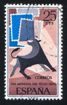 SPAIN - CIRCA 1965: stamp printed by Spain, shows Bull and Symbolic Stamps, circa 1965